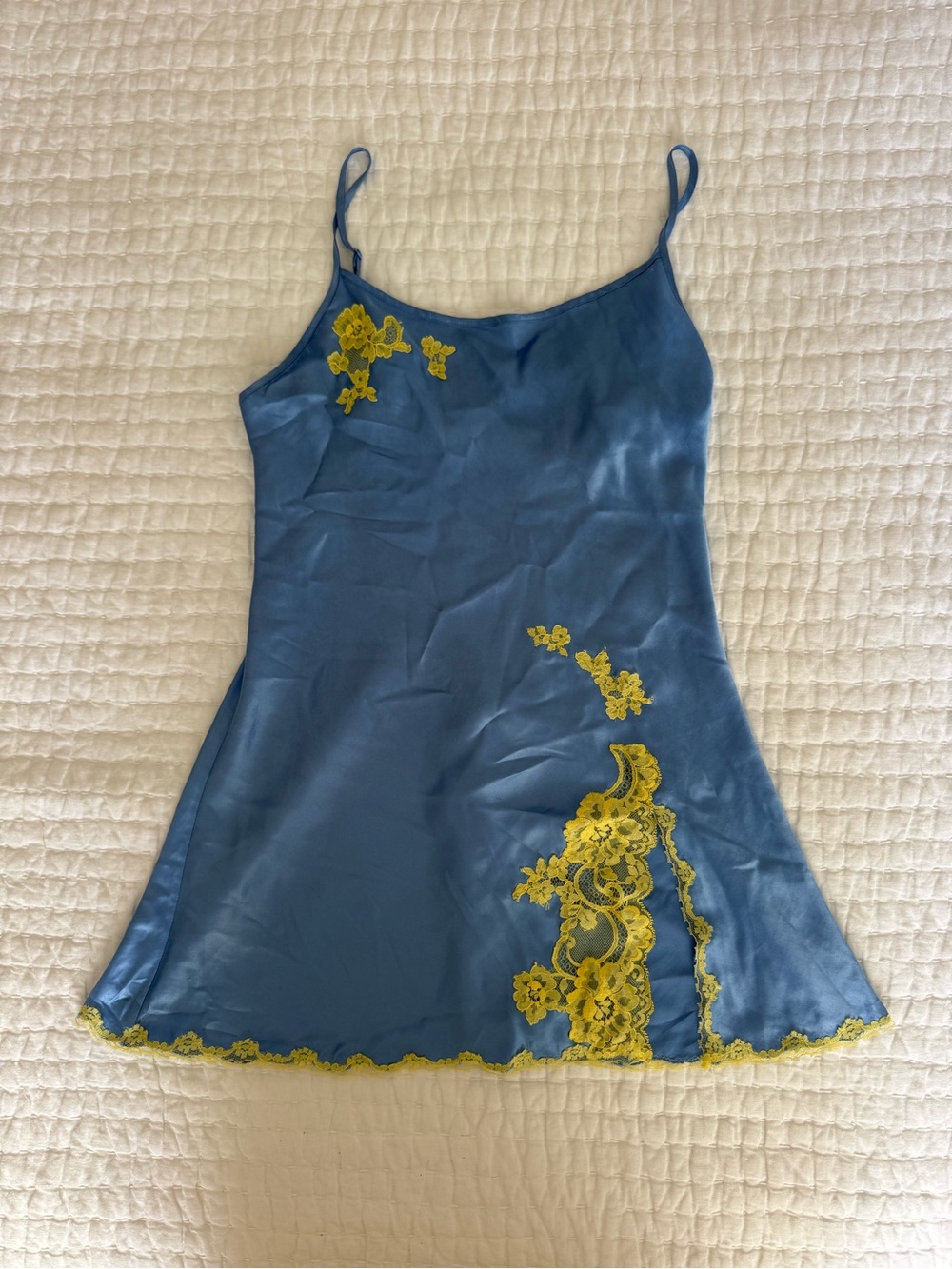 VS Blue Silk Slip Dress with Yellow Lace Appliqué